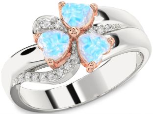 Diamond Emerald Platinum & Rose Gold Heart Flower Three Stone Birthstone Ring