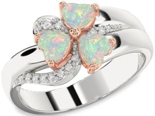 Diamond Emerald Platinum & Rose Gold Heart Flower Three Stone Birthstone Ring