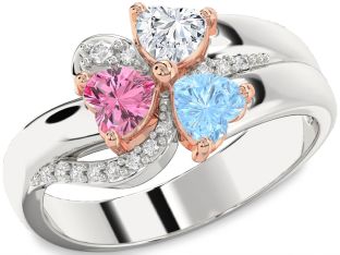 Diamond Rose Gold Silver Heart Flower Three Stone Mother's Ring