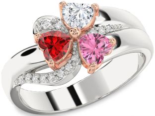 Diamond Emerald Platinum & Rose Gold Heart Flower Three Stone Birthstone Ring