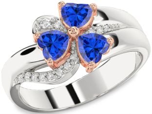 Diamond Emerald Platinum & Rose Gold Heart Flower Three Stone Birthstone Ring