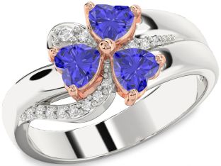 Diamond Emerald Platinum & Rose Gold Heart Flower Three Stone Birthstone Ring