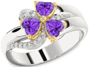 Diamond Emerald Platinum & Yellow Gold Heart Flower Three Stone Birthstone Ring