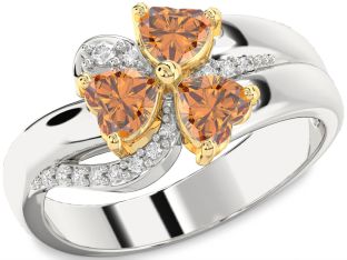 Diamond Emerald Platinum & Yellow Gold Heart Flower Three Stone Birthstone Ring