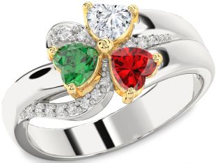 Diamond Emerald Platinum & Yellow Gold Heart Flower Three Stone Birthstone Ring
