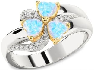 Diamond Emerald Platinum & Yellow Gold Heart Flower Three Stone Birthstone Ring