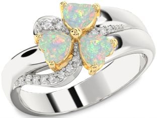 Diamond Emerald Platinum & Yellow Gold Heart Flower Three Stone Birthstone Ring