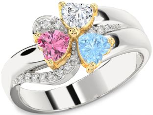 Diamond White Yellow Gold Heart Flower Three Stone Mother's Ring