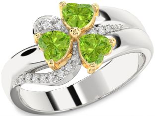 Diamond Emerald Platinum & Yellow Gold Heart Flower Three Stone Birthstone Ring