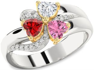 Diamond Emerald Platinum & Yellow Gold Heart Flower Three Stone Birthstone Ring