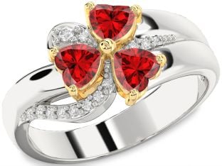 Diamond Emerald Platinum & Yellow Gold Heart Flower Three Stone Birthstone Ring