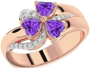 Diamond Emerald Rose Gold Heart Flower Three Stone Birthstone Ring