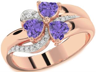 Diamond Emerald Rose Gold Heart Flower Three Stone Birthstone Ring