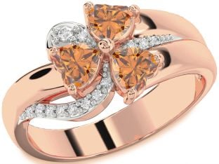 Diamond Emerald Rose Gold Heart Flower Three Stone Birthstone Ring