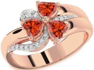 Diamond Emerald Rose Gold Heart Flower Three Stone Birthstone Ring