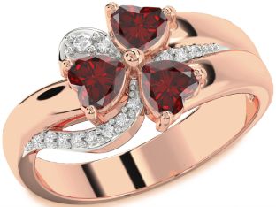 Diamond Emerald Rose Gold Heart Flower Three Stone Birthstone Ring