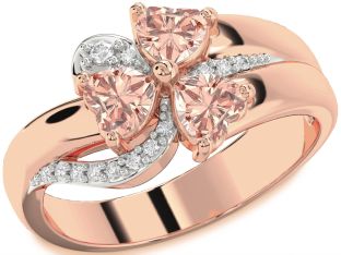 Diamond Emerald Rose Gold Heart Flower Three Stone Birthstone Ring