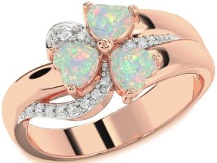 Diamond Emerald Rose Gold Heart Flower Three Stone Birthstone Ring