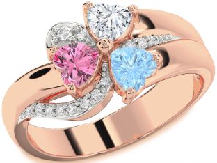 Diamond Rose Gold Silver Heart Flower Three Stone Mother's Ring