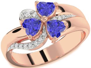 Diamond Emerald Rose Gold Heart Flower Three Stone Birthstone Ring