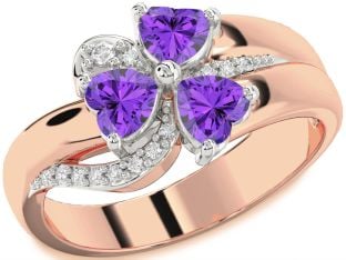 Diamond Emerald Platinum & Rose Gold Heart Flower Three Stone Birthstone Ring