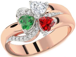 Diamond Emerald Platinum & Rose Gold Heart Flower Three Stone Birthstone Ring