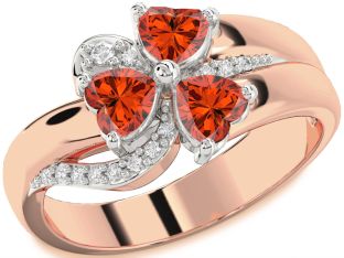 Diamond Emerald Platinum & Rose Gold Heart Flower Three Stone Birthstone Ring