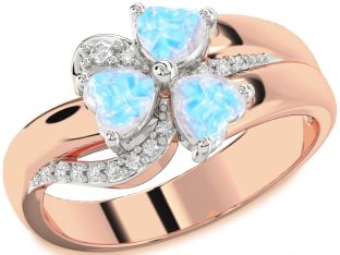 Diamond Emerald Platinum & Rose Gold Heart Flower Three Stone Birthstone Ring