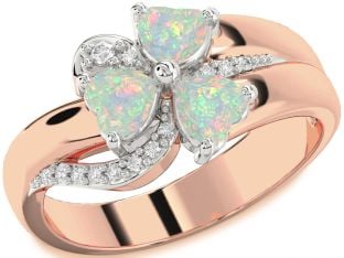 Diamond Emerald Platinum & Rose Gold Heart Flower Three Stone Birthstone Ring