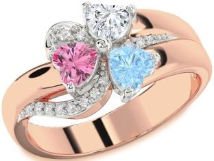 Diamond Platinum & Rose Gold Flower Heart Three Stone Mother's Ring