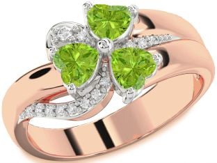 Diamond Emerald Platinum & Rose Gold Heart Flower Three Stone Birthstone Ring