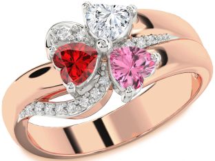 Diamond Emerald Platinum & Rose Gold Heart Flower Three Stone Birthstone Ring