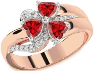 Diamond Emerald Platinum & Rose Gold Heart Flower Three Stone Birthstone Ring