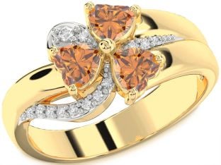 Diamond Emerald Gold Heart Flower Three Stone Birthstone Ring