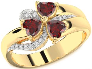 Diamond Emerald Gold Heart Flower Three Stone Birthstone Ring