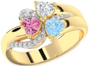 Diamond Gold Silver Heart Flower Three Stone Mother's Ring