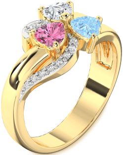 Diamond Gold Heart Flower Three Stone Mother's Ring