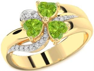 Diamond Emerald Gold Heart Flower Three Stone Birthstone Ring