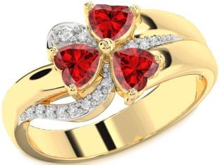 Diamond Emerald Gold Heart Flower Three Stone Birthstone Ring