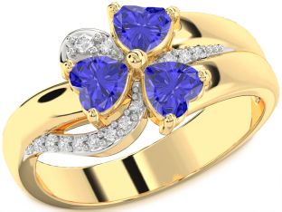 Diamond Emerald Gold Heart Flower Three Stone Birthstone Ring