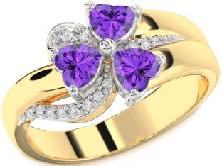 Diamond Emerald Platinum & Yellow Gold Heart Flower Three Stone Birthstone Ring