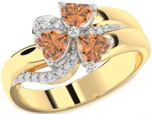 Diamond Emerald Platinum & Yellow Gold Heart Flower Three Stone Birthstone Ring