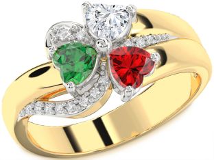 Diamond Emerald Platinum & Yellow Gold Heart Flower Three Stone Birthstone Ring