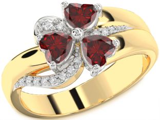 Diamond Emerald Platinum & Yellow Gold Heart Flower Three Stone Birthstone Ring