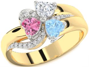 Diamond White Yellow Gold Heart Flower Three Stone Mother's Ring