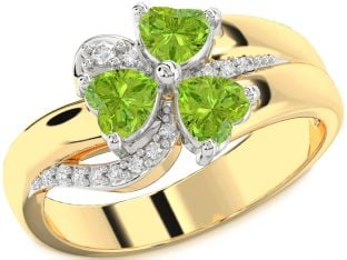 Diamond Emerald Platinum & Yellow Gold Heart Flower Three Stone Birthstone Ring