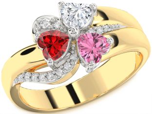 Diamond Emerald Platinum & Yellow Gold Heart Flower Three Stone Birthstone Ring