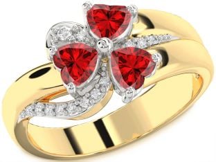 Diamond Emerald Platinum & Yellow Gold Heart Flower Three Stone Birthstone Ring