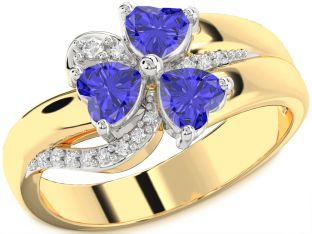 Diamond Emerald Platinum & Yellow Gold Heart Flower Three Stone Birthstone Ring