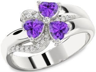 Diamond Emerald Platinum Heart Flower Three Stone Birthstone Ring